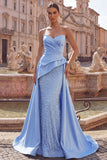 Vestido largo de graduación de fin de curso con adornos de perlas de satén azul sirena y perlas