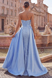 Vestido largo de graduación de fin de curso con adornos de perlas de satén azul sirena y perlas