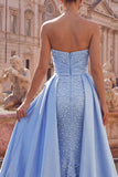 Vestido largo de graduación de fin de curso con adornos de perlas de satén azul sirena y perlas