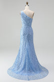 Vestido largo largo de graduación azul con cuentas y sirena adornada con perlas, con una hombro y abertura