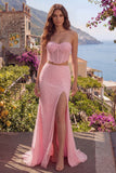 Vestido largo de graduación de dos piezas, tirantes de sirena rosa con cuentas y cortes largos de dos piezas,