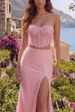 Vestido largo de graduación de dos piezas, tirantes de sirena rosa con cuentas y cortes largos de dos piezas,