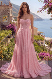 Vestido largo de graduación de fin de curso con lentejuelas rosa con cuentas y cuentas en línea A, corsé largo con flores en 3D