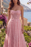 Vestido largo de graduación de fin de curso con lentejuelas rosa con cuentas y cuentas en línea A, corsé largo con flores en 3D