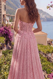 Vestido largo de graduación de fin de curso con lentejuelas rosa con cuentas y cuentas en línea A, corsé largo con flores en 3D