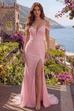 Vestido largo largo de graduación con cuentas y hombros de sirena rosa con lentejuelas