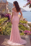 Vestido largo largo de graduación con cuentas y hombros de sirena rosa con lentejuelas