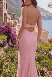 Vestido largo de graduación con cuello halter rosa brillante con lentejuelas sin lentejuelas