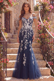 Vestido largo largo de baile de tul de sirena de hombro frío con hombros fríos y apliquetes
