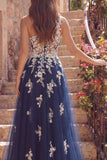 Corsé de tul de línea A de un hombro, vestido largo floral azul marino con apliques