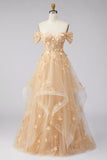 Corsé floral de hombros con estilo Champagne y largo vestido de graduación con volantes