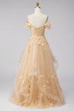 Corsé floral de hombros con estilo Champagne y largo vestido de graduación con volantes