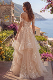 Corsé floral de hombros con estilo Champagne y largo vestido de graduación con volantes