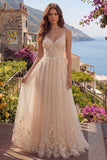 Vestido largo de graduación floral de tul Línea A con champán y apliques