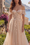 Vestido largo de graduación largo de tul de tul de tul de línea A con corsé de hombro descubierto