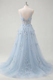 Vestido largo de graduación largo de fin, corsé transparente con contas y tirantes en línea A azul fina