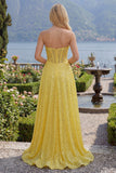 Corsé amarillo brillante de corte en forma de A, lentejuelas, vestido largo de graduación con abertura