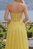 Corsé amarillo brillante de corte en forma de A, lentejuelas, vestido largo de graduación con abertura