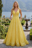 Corsé amarillo brillante, escote en V, lentejuelas, vestido largo de graduación con bolsillos