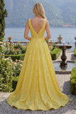 Corsé amarillo brillante, escote en V, lentejuelas, vestido largo de graduación con bolsillos