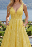 Corsé amarillo brillante, escote en V, lentejuelas, vestido largo de graduación con bolsillos