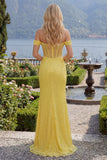 Corsé sirena amarillo brillante, lentejuelas, vestido largo de graduación con abertura