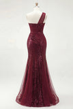 Vestido largo de baile de fin de curso brillante de un solo hombro con lentejuelas de sirena burdeos