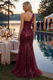 Vestido largo de baile de fin de curso brillante de un solo hombro con lentejuelas de sirena burdeos
