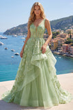 Corsé verde A-Line con escote en V y vestido largo de graduación con volantes