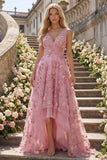 Vestido largo de baile de fin de curso, de taro en V, con escote en A, adornado con perlas, con flores 3D aplicadas
