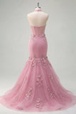 Vestido largo largo de graduación con corsé de perlas con cuello halter de taro sirena y flores 3D