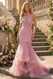 Vestido largo largo de graduación con corsé de perlas con cuello halter de taro sirena y flores 3D