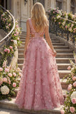 Vestido largo de graduación de Taro en línea A con escote en V y apliqueado con perlas y flores 3D