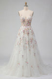 Vestido largo de novia blanco de lentejuelas A Line con flores 3D