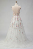 Vestido largo de novia blanco de lentejuelas A Line con flores 3D