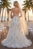 Vestido largo de novia blanco de lentejuelas A Line con flores 3D