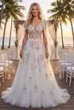 Vestido largo de novia blanco de lentejuelas A Line con flores 3D