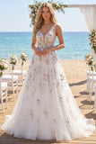 Vestido largo de novia blanco de lentejuelas A Line con flores 3D