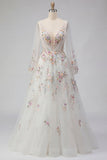 Vestido de novia blanco floral fruncido de escote en V y manga larga A Line