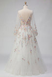 Vestido de novia blanco floral fruncido de escote en V y manga larga A Line
