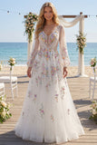 Vestido de novia blanco floral fruncido de escote en V y manga larga A Line