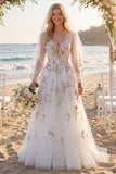 Vestido de novia blanco floral fruncido de escote en V y manga larga A Line
