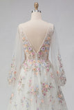 Vestido de novia blanco floral fruncido de escote en V y manga larga A Line