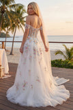 Corsé floral blanco brillante con cuentas caídas sobre el hombro Una línea Vestido de novia largo