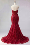 Vestido de baile largo de sirena burdeos brillante con cuentas y abertura