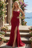 Vestido de baile largo de sirena burdeos brillante con cuentas y abertura