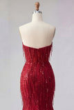 Vestido de baile largo de sirena burdeos brillante con cuentas y abertura