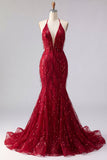 Vestido de baile de graduación de sirena sin espalda brillante con chispas burdeos y flecos
