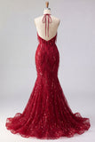 Vestido de baile de graduación de sirena sin espalda brillante con chispas burdeos y flecos
