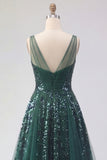 Vestido de baile de graduación de Tul de Cuello en V verde oscuro brillante A Line Long Sequin